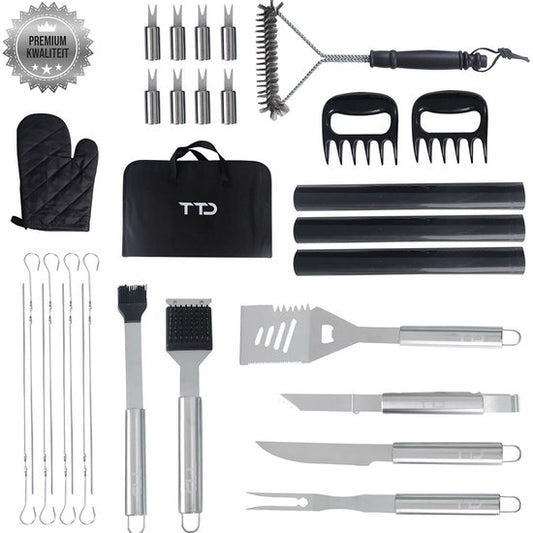 TTD® Premium BBQ Accessories Set 30-piece - BBQ Tool Set Stainless Steel - Barbecue Accessories - BBQ tongs - BBQ spatula - With BBQ Gloves and Cleaning Brush - Includes Storage Bag