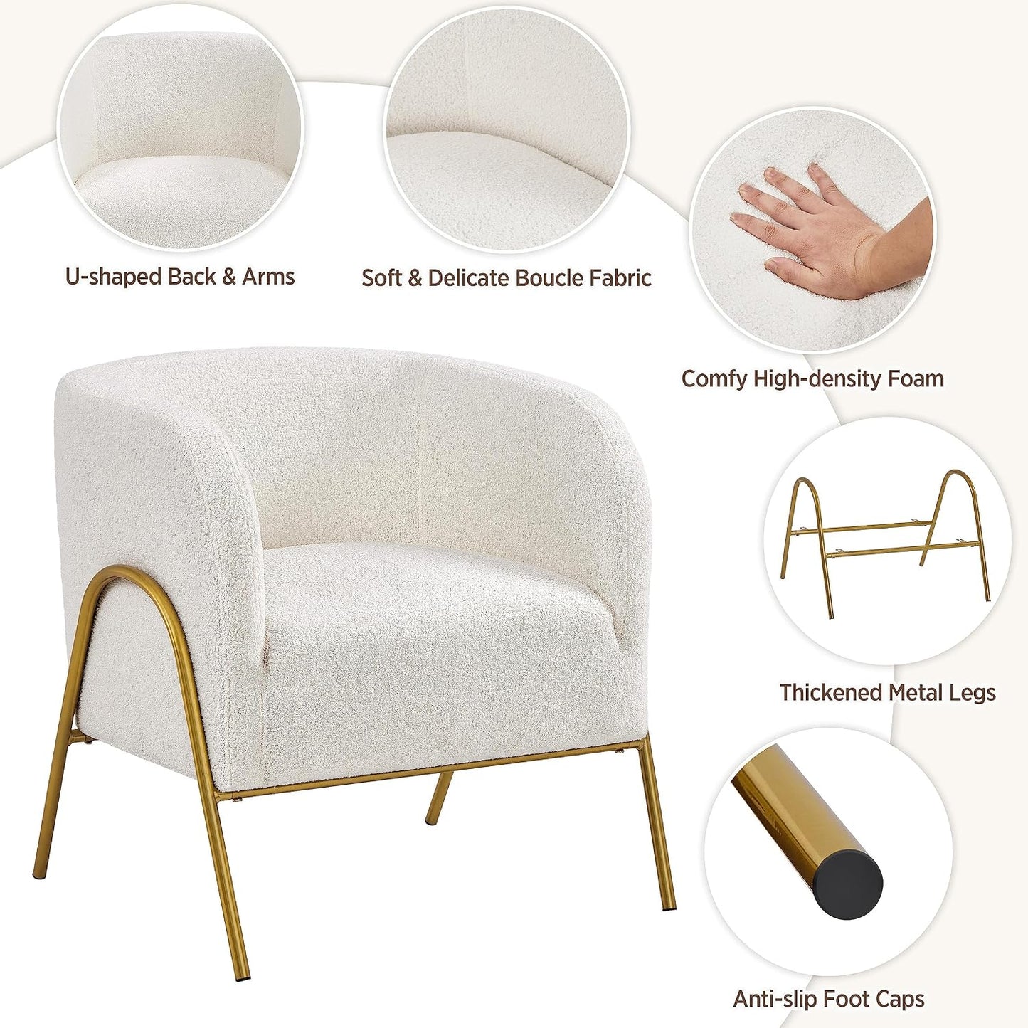 Yaheetech : fauteuil d'appoint de luxe de style « barrel », en bouclé - pieds en V dorés - ivoire - 69 x 69 x 72 cm