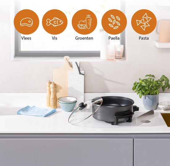Tristar Casserole PZ-9135 - Casserole électrique avec couvercle 30 cm - Snack Pan XL - Revêtement antiadhésif et thermostat réglable - Maximum 250 ⁰C - Noir