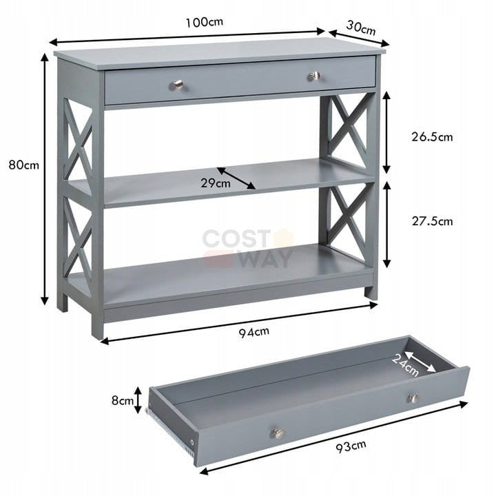 Coast Console Table 3 niveaux avec tiroir Table de salle en bois 100 x 30 x 80 cm Gris