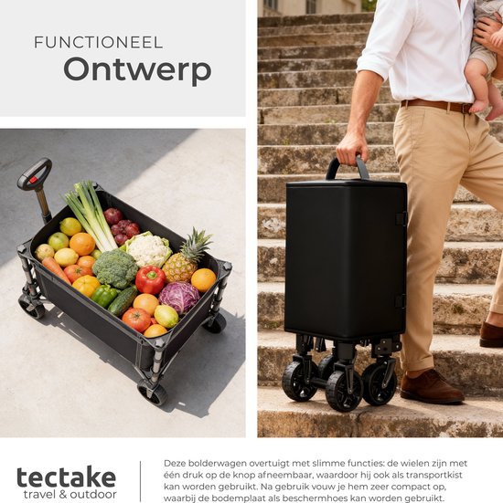 Chariot tectake® - Pliable - Capacité de charge de 60 kg - Roues pivotantes massives - 47 x 83 x 90 cm - Chariots de transport - Chariot à main - Avec poignée télescopique - Chariot à main - Chariot de transport hydrofuge - Avec tablette et compartiment i