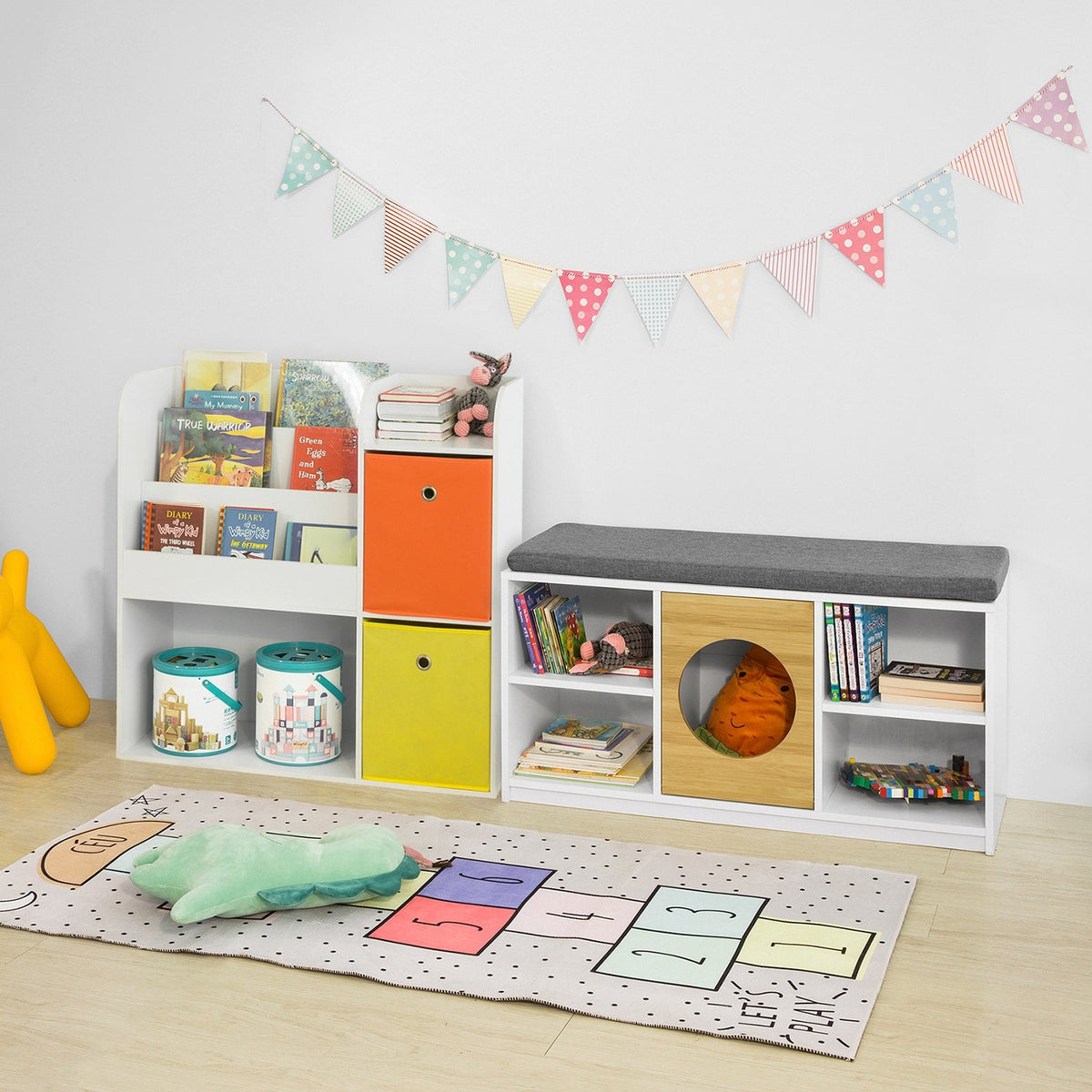 SoBuy Meuble de rangement pour livres et jouets - 2 paniers - 89 x 35 x 88 cm - Blanc