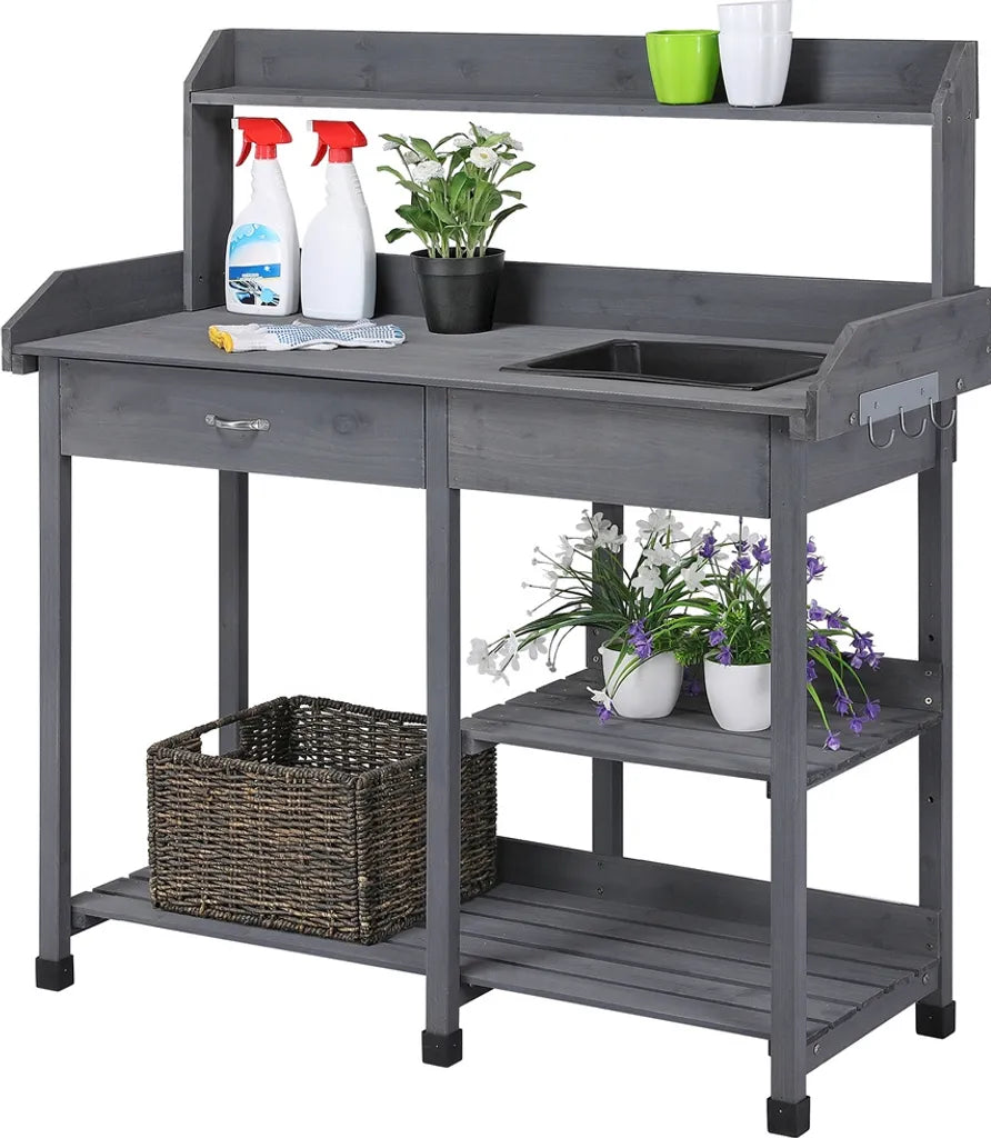Table d'appoint Yaheetech avec évier 114,8 x 45 x 121 cm - Gris - Table d'appoint en bois avec tiroir et étagère réglable