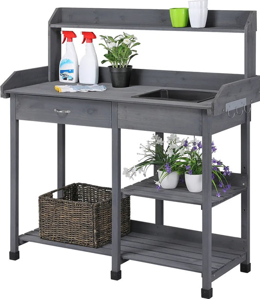 Table d'appoint Yaheetech avec évier 114,8 x 45 x 121 cm - Gris - Table d'appoint en bois avec tiroir et étagère réglable