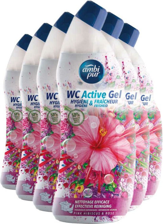 8 x Nettoyant pour toilettes Ambi Pur Wc Active Gel Hibiscus & Rose 750 ml