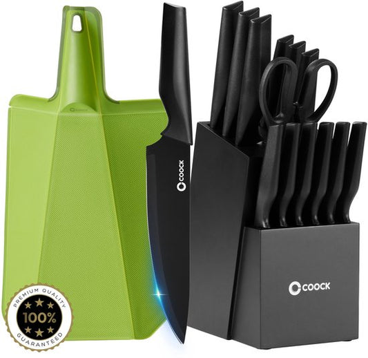Couteaux en set avec bloc et planche à découper pliante - COOCK -  Couteaux de cuisine - Ciseaux - Aiguiseur de couteaux - Set d'ustensiles de cuisine 15 pièces dans un bloc à couteaux - Acier inoxydable - Avec revêtement 'Non Stick' - Noir