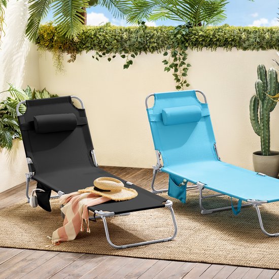 Chaise longue pliable SoBuy, chaise longue de jardin réglable avec appui-tête et sac de rangement, chaise de détente ergonomique pour l'extérieur, le jardin, le balcon et la terrasse, noire, OGS35-SCH
