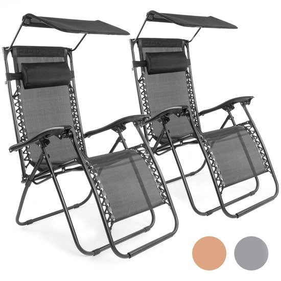 LifeGoods Chaises de jardin pliables - avec auvent - parasol réglable - 2 pièces - 30°-90° réglable - métal - noir