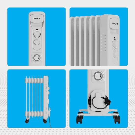 Auronic Radiateur à Huile - Chauffage Électrique avec Thermostat et Minuterie - Puissance Réglable jusqu'à 1500W - Blanc