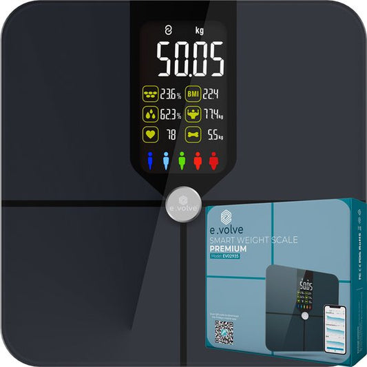 e.volve Scale Pèse-personne numérique - 16x - Noir - Pèse-personne intelligent avec analyse du corps - Pèse-personne de précision - App. incluse