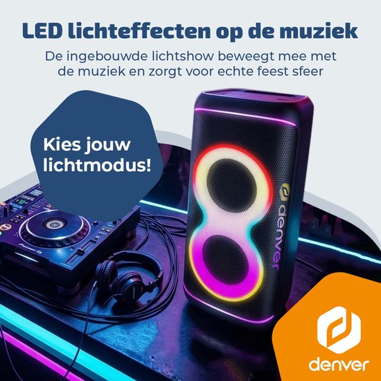 Enceinte Bluetooth Denver Party Box - Lumières disco - Party Box - Microphone inclus - Haut-parleur - BPS370