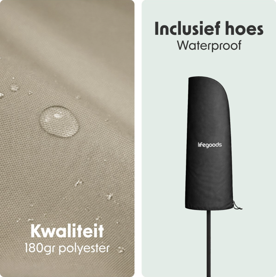 LifeGoods Parasol flottant Ø300 cm - Rotation 360° - 6 pieds - Housse incluse - Taupe