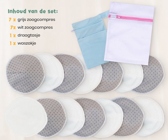 Coussinets d'allaitement Frummel - Coussinets d'allaitement lavables - Antidérapants - Réutilisables - Avec sac de transport et sac de lavage - 14 pièces - Gris/Blanc