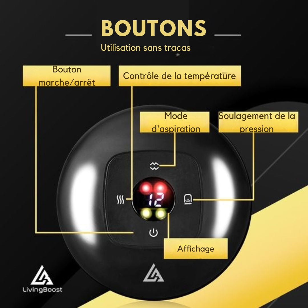 Appareil de massage électrique contre la cellulite LivingBoost®- Gua Sha inclus - 12 niveaux et températures - Corps entier - Massage par ventouses - Anti cellulite - noir
