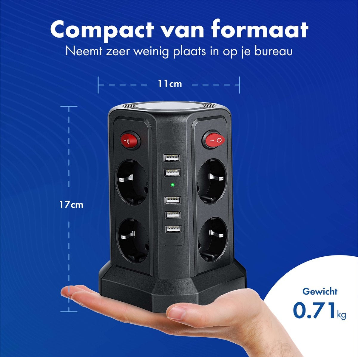 Prise avec interrupteur et USB - Boutons marche/arrêt à économie d'énergie - Bloc d'alimentation - Powercube - Noir - Câble de 3 mètres
