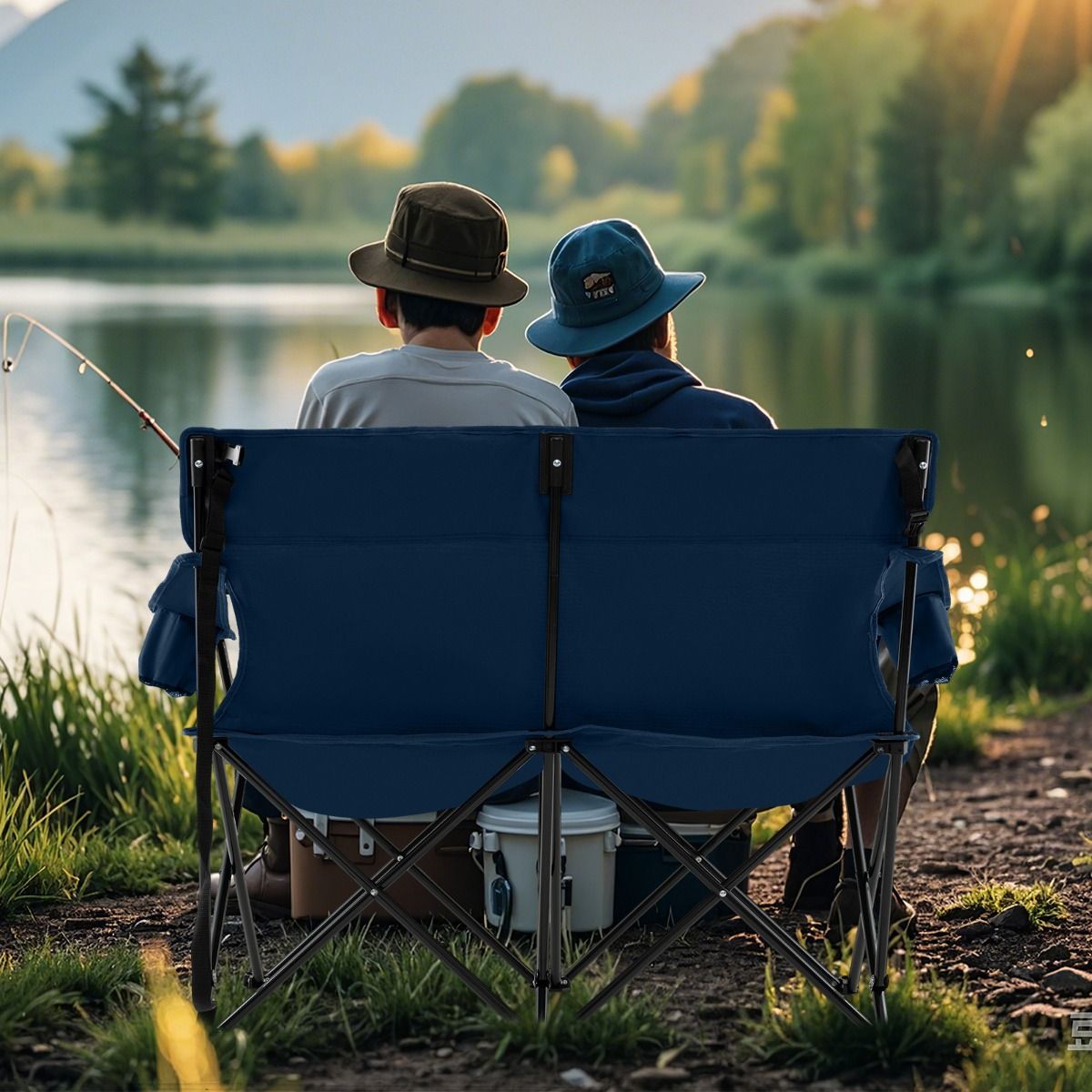 Chaise de camping double Coast - pliable, avec porte-gobelets et sac de transport - bleu foncé