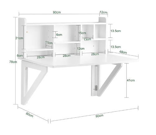 SoBuy Bureau pliable - Fixation murale - Max. 48 kg - 90 x 78 x 60 cm - Blanc