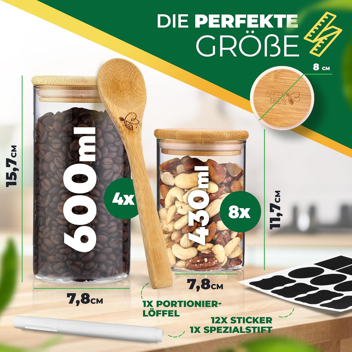 GREEN BEE`S Set de 12 petits bocaux à provisions - 4x600ml & 8x430ml - Parfaits pour les tiroirs et l'armoire à pharmacie - Bocaux à provisions durables avec couvercle hermétique - Pour le riz, les noix, les graines et les épices