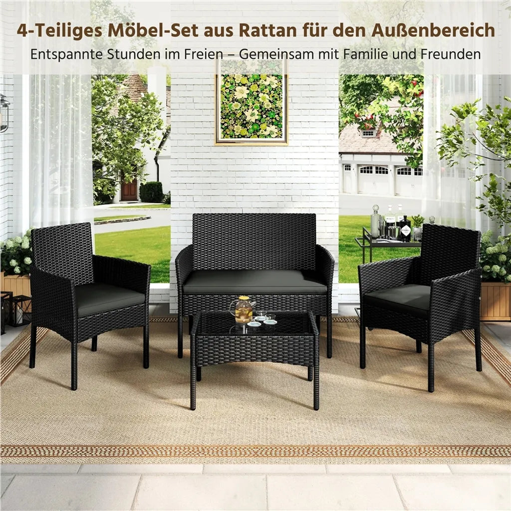 Ensemble de salon de jardin Yaheetech 4 pièces - Noir/Gris - Ensemble de mobilier de jardin en polyrotin comprenant un canapé 2 places, 2 chaises et une table basse
