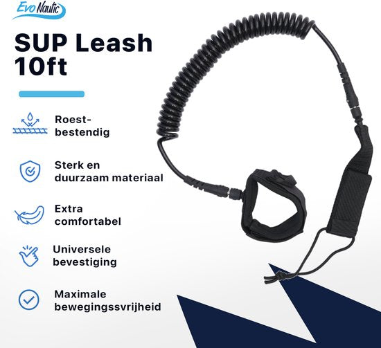 EvoNautic SUP Leash 10ft - Leash simple pour SUP - Longueur : 3 mètres - Sangle de cheville réglable - Compatible avec toutes les planches - Fabriqué dans un matériau solide et résistant
