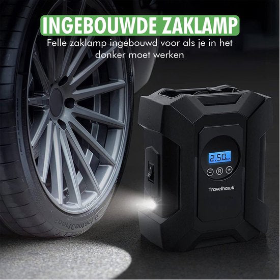 Travelhawk Compressor Tyre Pump - Electric Bicycle Pump - Air Compressor - Electric 12V - 30 L/Min - 100psi - Portable - for Car, Bicycle, Motorcycle