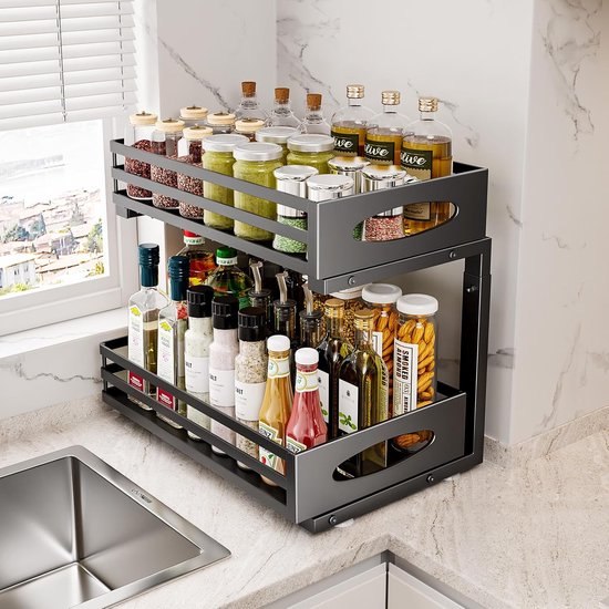 Posity Rangement pour armoire de cuisine - Rangement pour évier - Rangement pour comptoir - Support de rangement - Rangement pour salle de bain - Support de cuisine - Extensible - Métal - Noir
