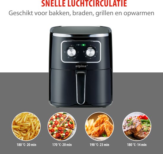 alpina Airfryer 4.5L- Friteuse à air chaud pour 3 à 4 personnes - Friteuse à air avec température réglable de 80°C à 200°C - Minuterie jusqu'à 60 minutes - Friteuse à air chaud 1450W - Noir