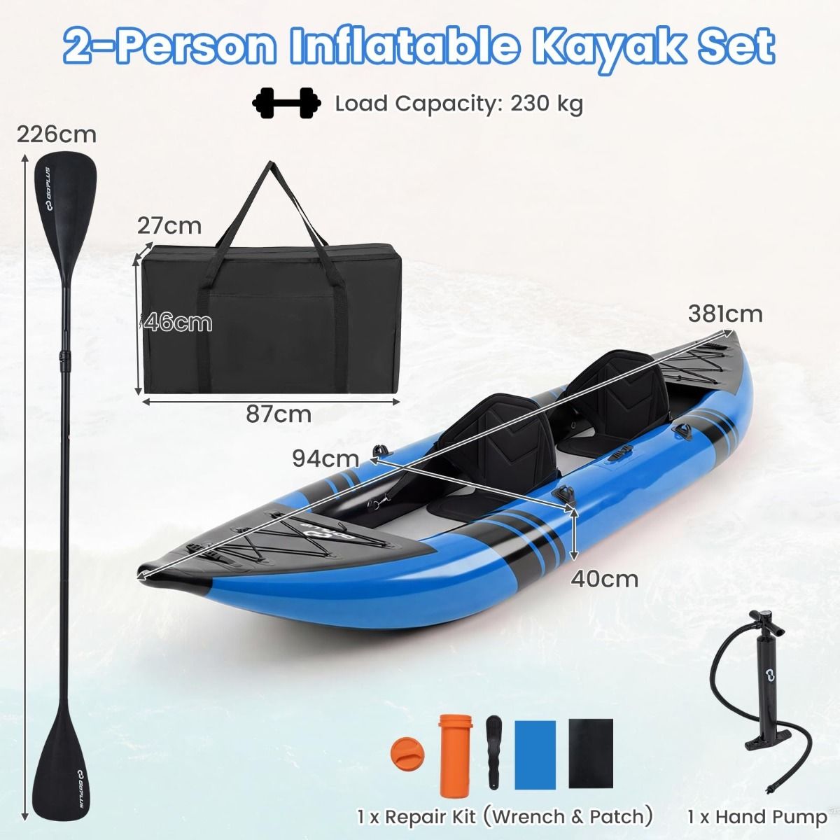 Kayak gonflable Coast pour 2 personnes - Sièges réglables - Pagaies et pompe à main incluses - bleu