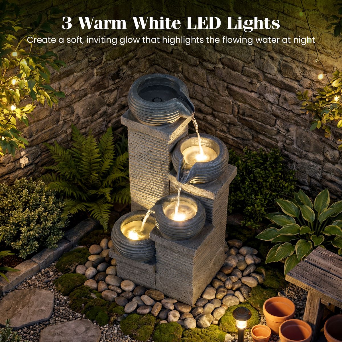 Fontaine de jardin Coast avec éclairage LED - Cascade à quatre niveaux - Résine synthétique et fibre de verre - Gris 28 x 22 x 58 cm