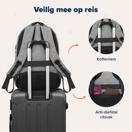TRVLMORE Sac à dos - 36L - 17 inch - Sac à dos pour ordinateur portable - Sac d'école - Unisexe - Gris anti-éclaboussures