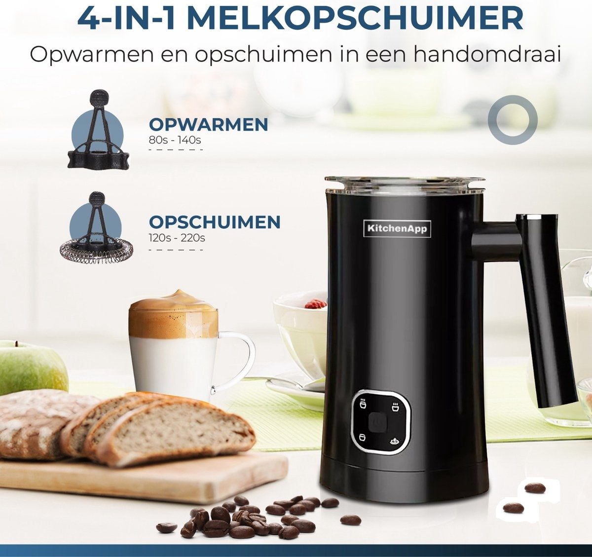 KitchenApp Mousseur à lait électrique - Mousse et chauffe - Noir