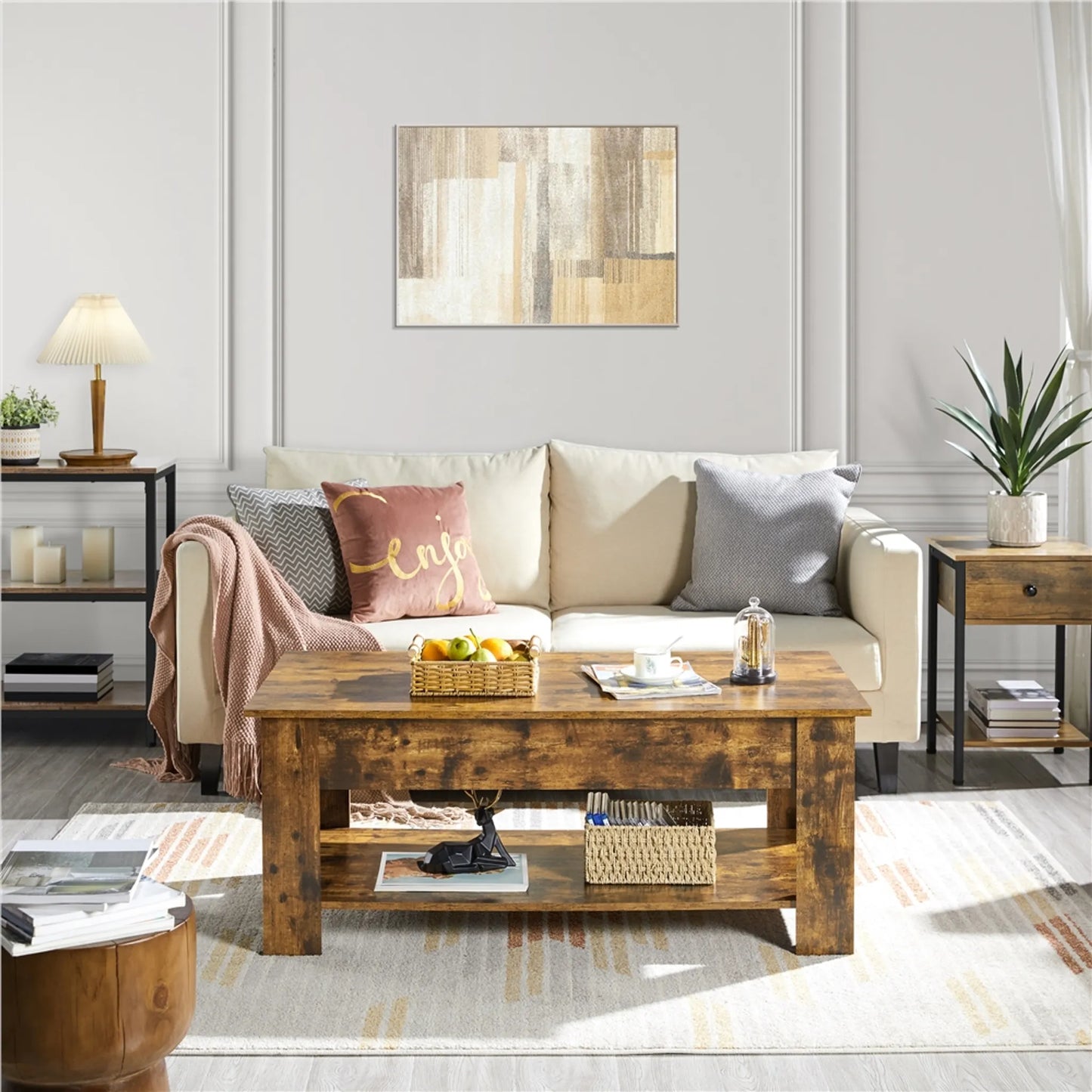 Yaheetech Table Basse avec Fonction Lift-Top - Avec Rangement Caché et Dégagement Inférieur Réglable et Mécanisme à Ressort - Pour Salon et Bureau - Mdf Marron Rouille et Métal - 120 x 59 x 49.5-62.5 cm