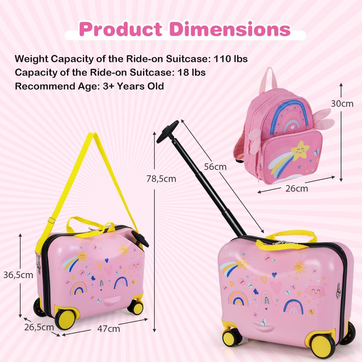 Ensemble valise et sac à dos pour enfant Coast - valise-siège avec motif d'abeilles - poignée réglable - rose