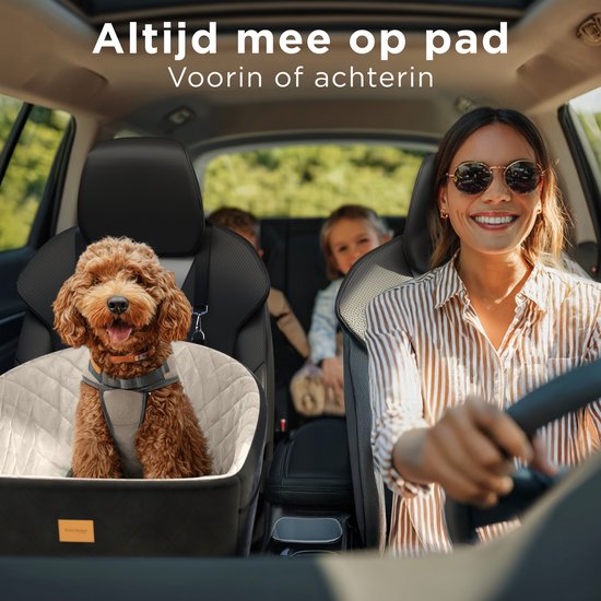 Siège auto pour chien CozySense® - Panier auto pour petit chien - Siège avant et arrière - Avec sangle de sécurité, compartiment de rangement et housse lavable - Noir/Beige