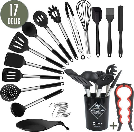 COOCK Batterie de cuisine avec support XL - Batterie de cuisine 17 pièces - Silicone - Sans BPA ni plastique - Susceptible d'être accrochée - Ouvre-boîte inclus