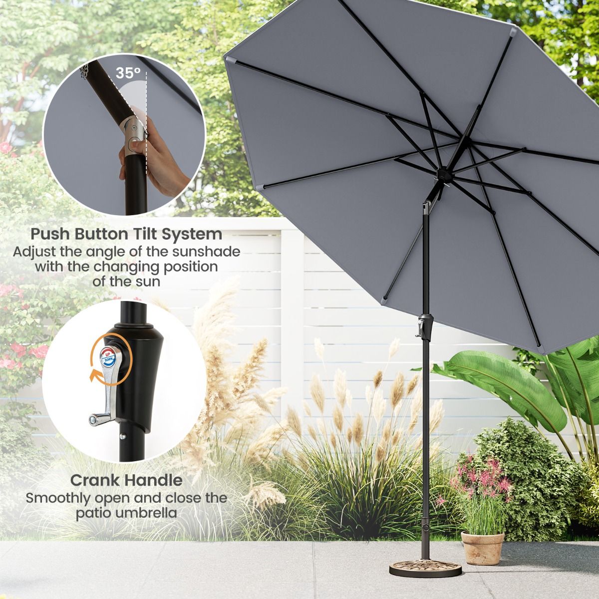Coast Terrace Parasol 270 cm Grey - Parasol inclinable avec manivelle et toit ventilé