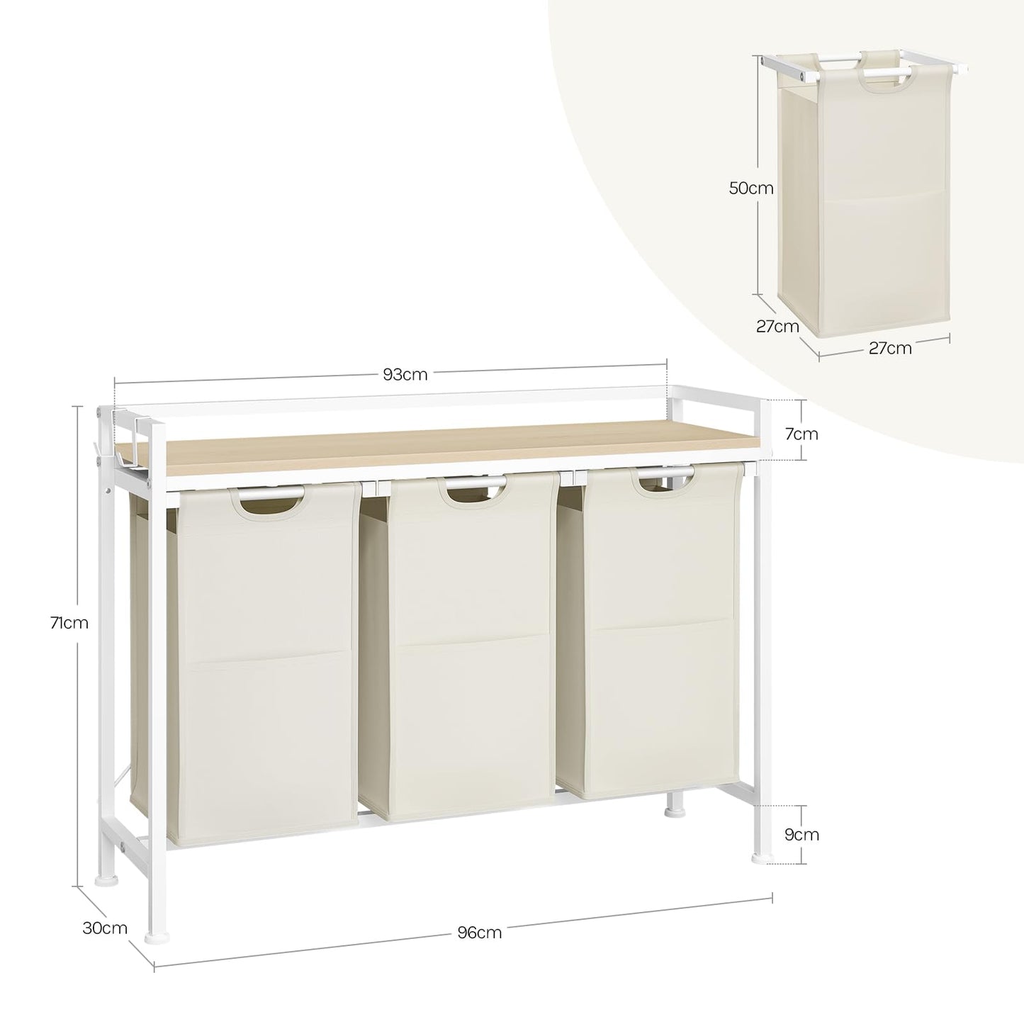Panier à linge Woltu - 3 compartiments - 120 L - 96 x 71 x 30 cm - Blanc/Chêne clair