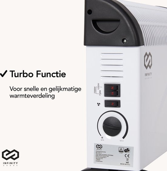 Infinity Goods Radiateur électrique - Fonction Turbo et ventilateur - 750 / 1500 / 2000W - Thermostat réglable - Radiateur - Protection contre la surchauffe - 35m² - Noir/Blanc