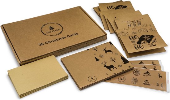 Giftmas Christmas Collection - Set de cartes de vœux et de cartes de Noël - 36 cartes de vœux avec 12 motifs - Enveloppes et autocollants inclus - Set de cartes en papier kraft pour les fêtes - 20x15cm