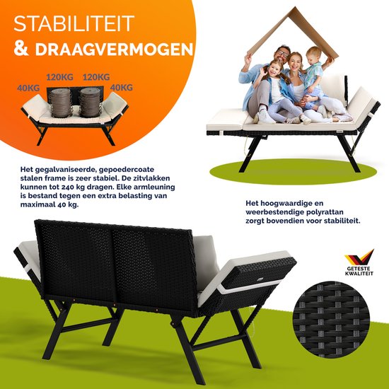 Banc de jardin Casaria Polyrattan - 176 cm réglable avec coussins - Noir