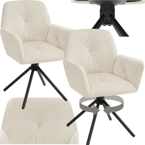 tectake® Chaise pivotante Lenia - Lot de 2 chaises pivotantes avec accoudoir - Chaise de salle à manger pivotante - Fauteuils pivotants - Tapissé - Velours aspect crème/noir