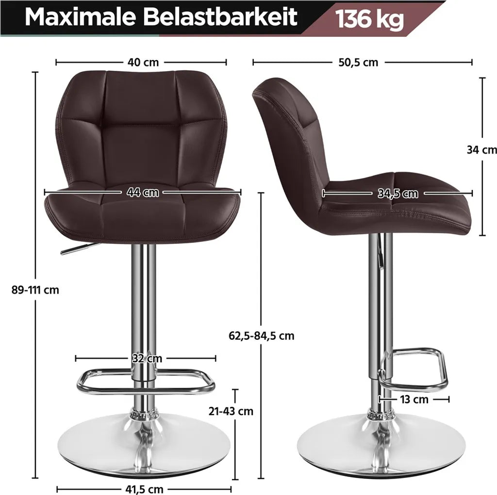 Lot de 2 tabourets de bar Yaheetech - Marron - Tabourets de bar pivotants à 360° et réglables, avec dossier et repose-pieds
