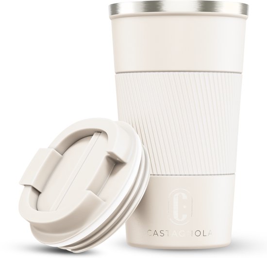 Mug isotherme Castagnola - Mug à café à emporter - Mug de voyage pour café et thé - Mug à thé - 510 ml - Acier inoxydable - Blanc cassé