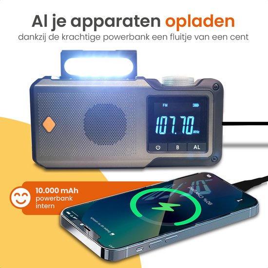 Radio d'urgence Goliving - 17 x 9 x 4 cm - Radio portable - Powerbank solaire rembobinable - Lampe de poche rechargeable - Réveil numérique - Bluetooth - 10000 mAH - 80 dB - Noir