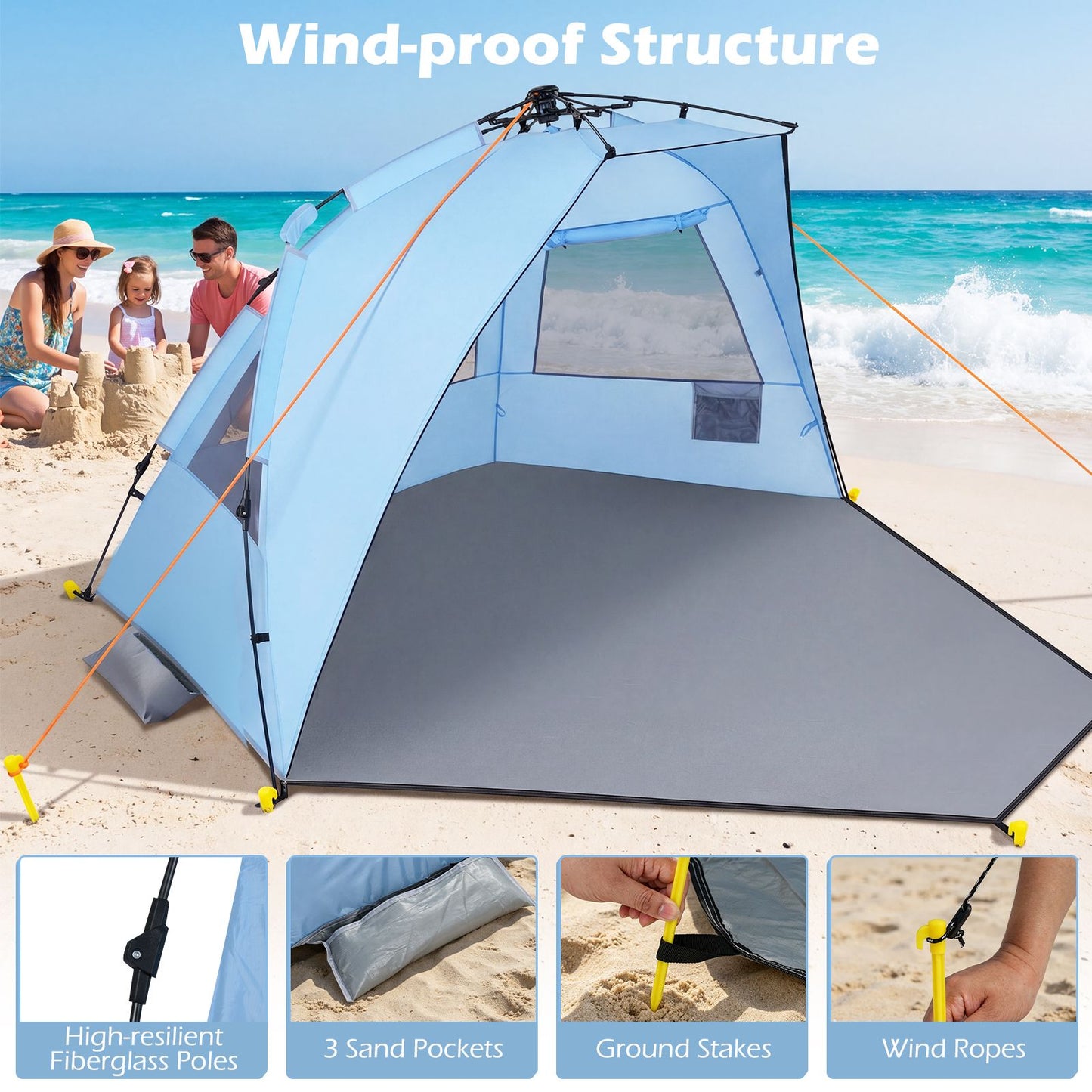 Tente de plage pop-up Coast pour 3-4 personnes - Gris/Bleu - 278 x 140 x 142 cm - Sac de transport, piquets et sacs de sable inclus