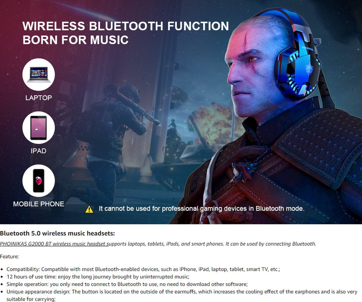 Casque gaming PHOINIKAS G2000 - Bluetooth - avec microphone - Noir/bleu