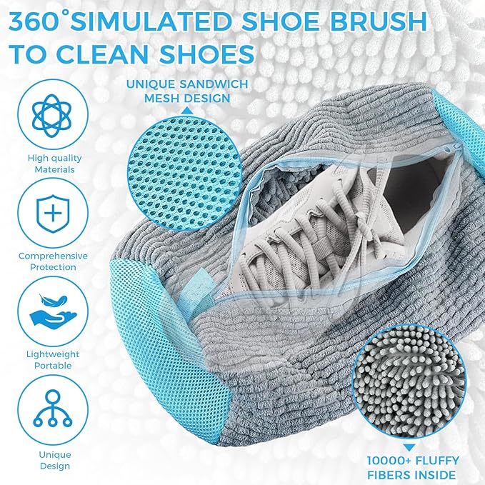 CNMTCCO - Lot de 2 sacs de lavage pour chaussures, sacs de lavage pour machine à laver avec fermeture à glissière, sac de lavage en peluche, nettoyage à 360° du sac, protection multifonctionnelle pour chaussures de sport - chaussures de tennis - gris