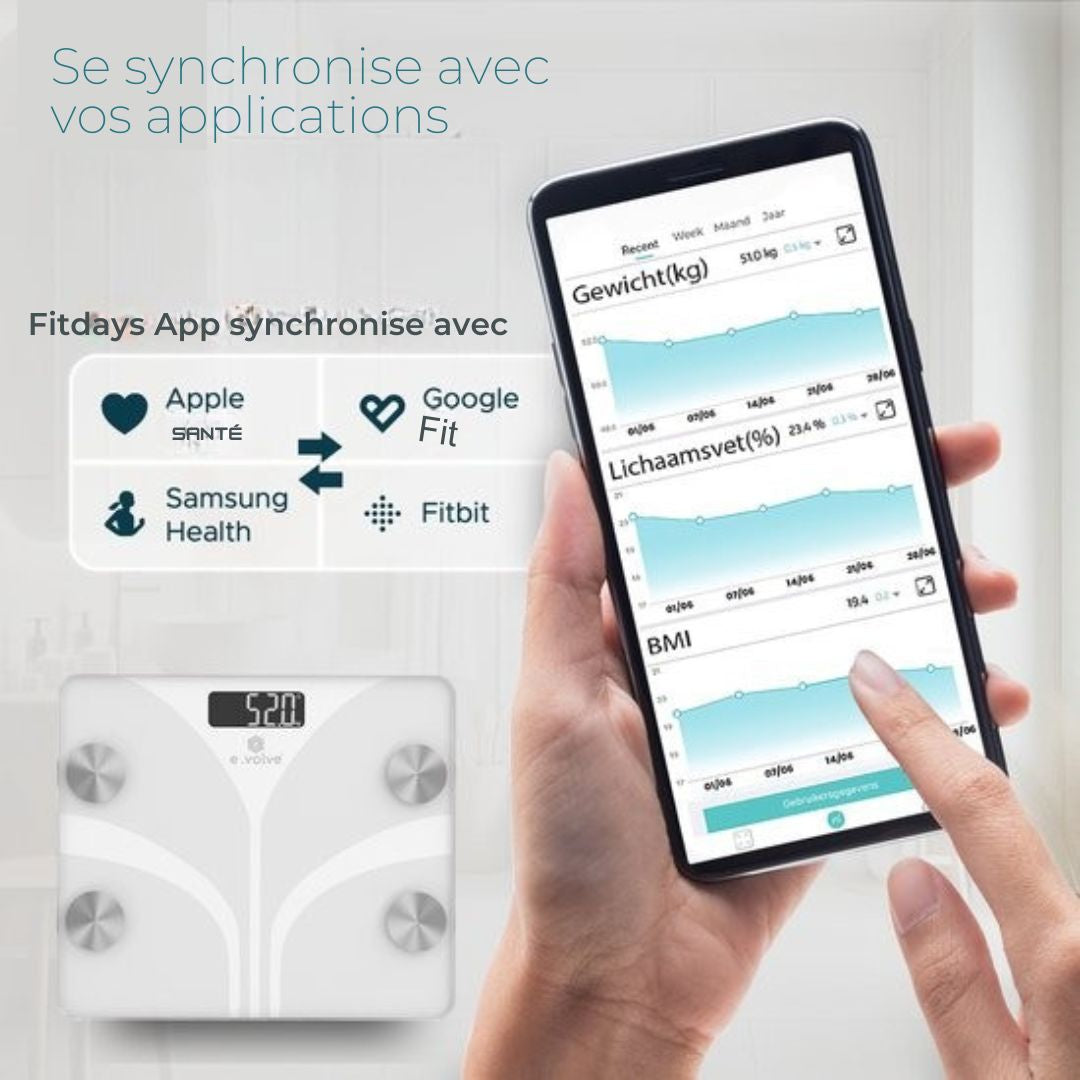 Pèse-personne numérique e.volve - Balance intelligente avec analyse corporelle - App. incluse - blanc