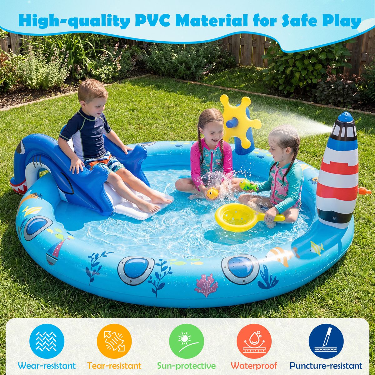 Piscine gonflable pour enfants Coast - Espace de jeux aquatiques sur le thème de la mer - Toboggan en forme de requin et jet d'eau - Multicolore 188 x 153 x 63 cm