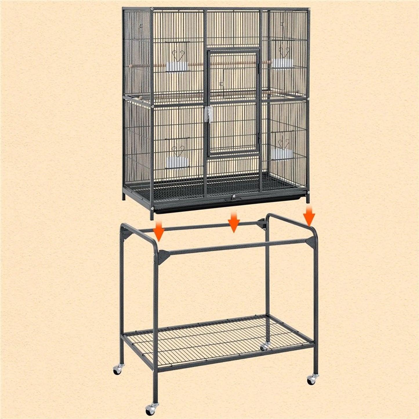 Yaheetech Cage à oiseaux avec base mobile - équipée d'une cage amovible, de six portes d'accès et d'une étagère de rangement - pour perruches et perruches faucons - métal noir martelé - 81 x 47 x 160 cm
